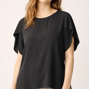 Eileen Fisher Silk Blouse Womens M Black Crepe Georgette Tulip Sleeve Washable